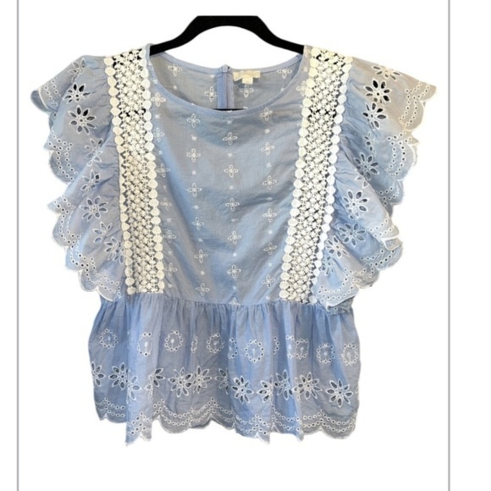 Jennifer & Grace Eyelet Romantic Ruffle Blue Floral Lace Top Size XL